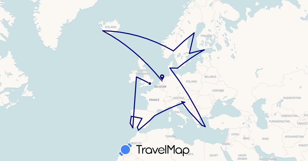 TravelMap itinerary: driving in Denmark, Spain, Finland, United Kingdom, Gibraltar, Greece, Croatia, Ireland, Iceland, Netherlands, Norway, Portugal, Sweden, Slovenia (Europe)
